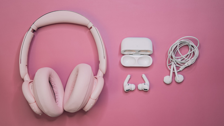 A collection of wired and wireless headphones