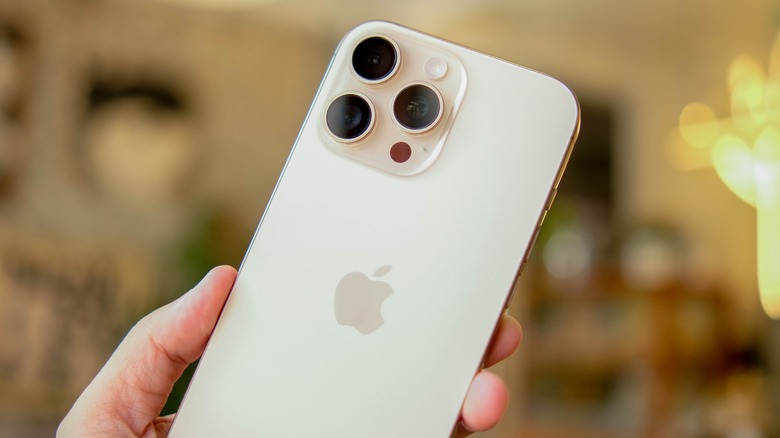 A closeup of a handing holding a white iPhone 16 Pro