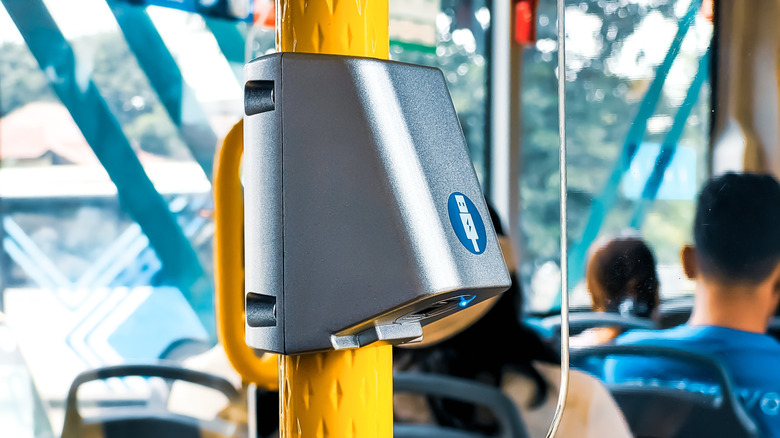 A public USB charging station on a bus