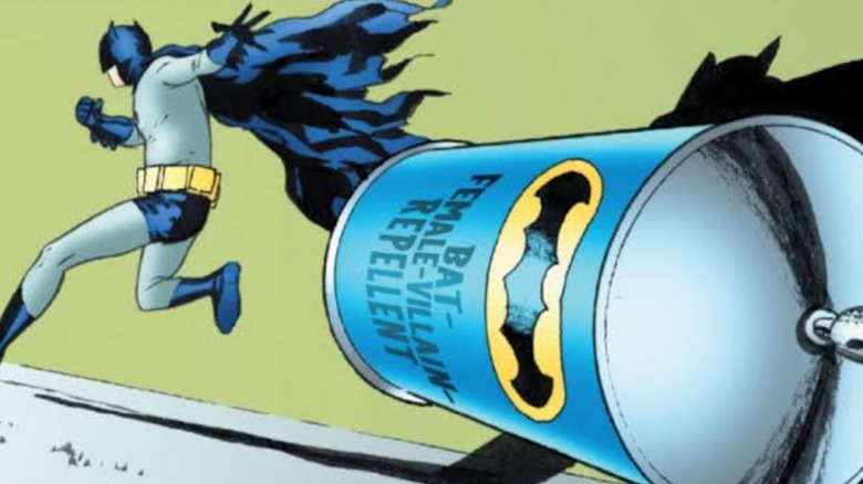 Batman runs away after throwing a canister of Female-Villain Repellent