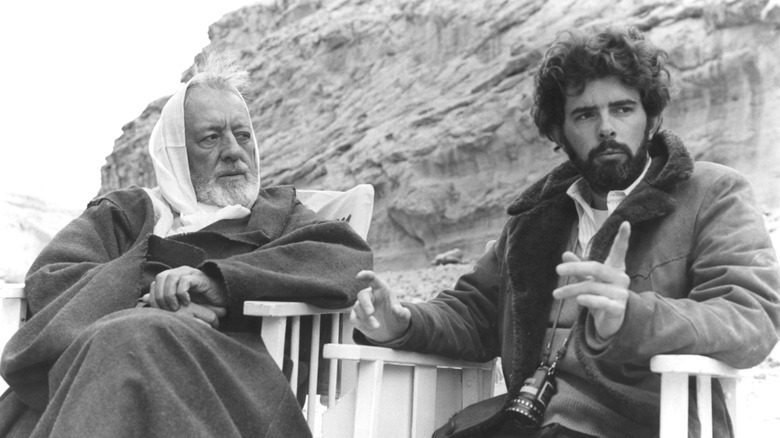 Alec Guinness speaking to George Lucas while in character as Obi-Wan Kenobi on the set of 