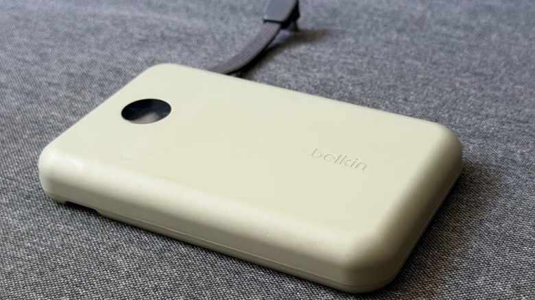 Close-up shot of Belkin's power bank with a built-in USB-C cable