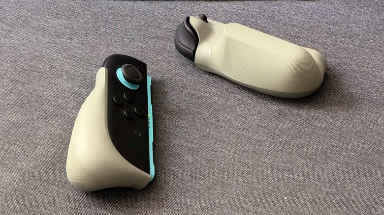 Close-up shot of two Nintendo Switch 2 Joy-Cons with Belkin's Grip attached