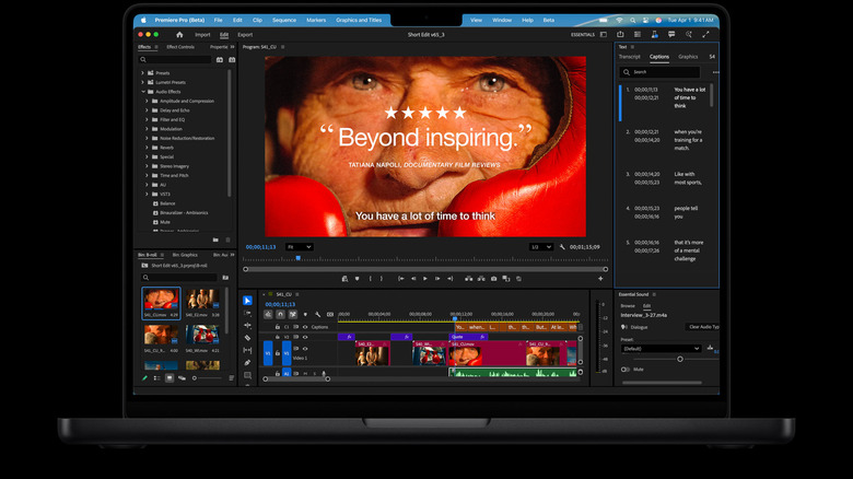 A 14-inch Apple MacBook Pro screen shows a user editing a video with the words 