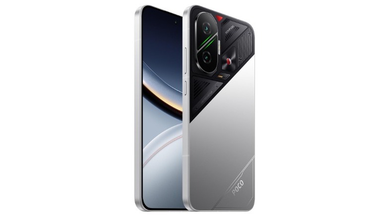 A product render of the Xiaomi Poco F7 phone in its silver color