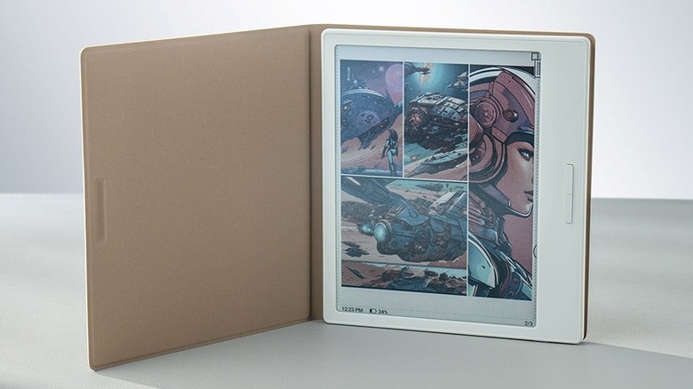 Boox Go Color 7 (Gen II) with a cover standing on a white surface