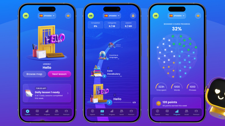 Mondly learning app on three smartphones beside AI chatbot