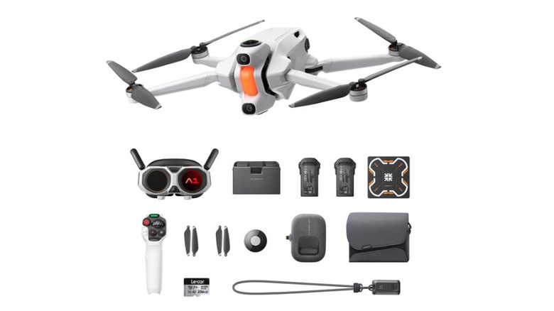 The Antigravity A1 drone in flight, on a gray background.