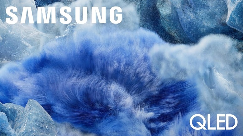 Samsung QLED with a crystal-like landscape behind logo
