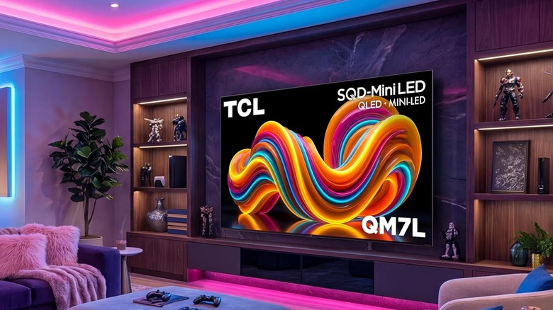 TCL QM7L hung up in a colorfully lit room