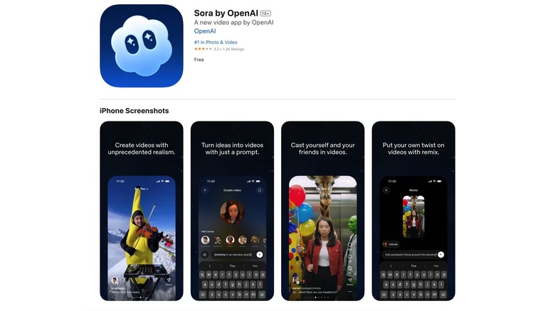 The App Store listing of the official Sora app for iPhone.