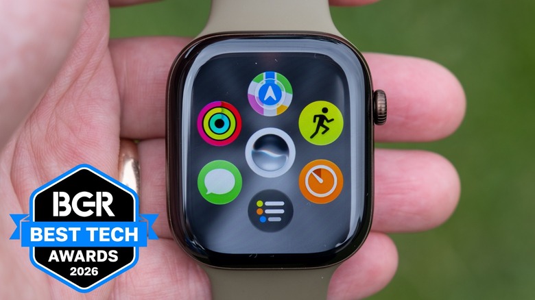 Apple Watch Series 12 powered on in someone's hand.