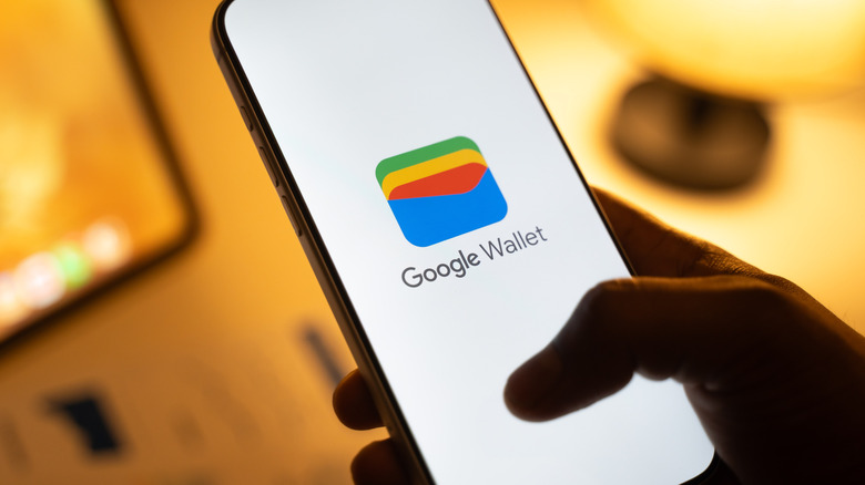 Person holding phone displaying Google Wallet splash screen logo