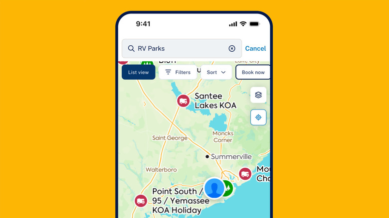 The Campendium app interface on a mockup mobile device against a yellow background