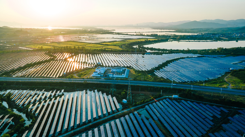 A massive field covered by solar panels with a highway in the middle