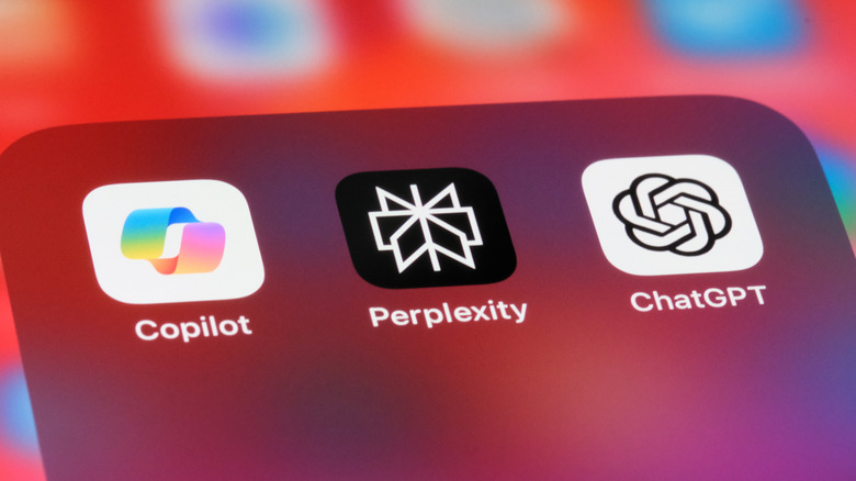 Copilot, Perplexity, and ChatGPT apps on an iPhone.