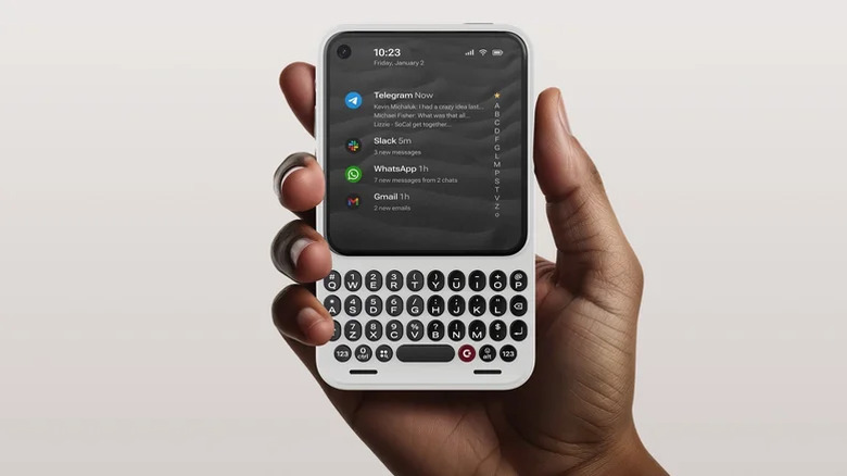 The Clicks Communicator smartphone in hand.