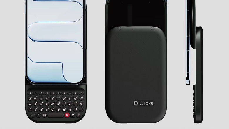 The Clicks Power Keyboard accessory attached to an iPhone Air via MagSafe: Front, back, and side view.