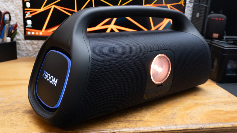 A side view of the LG XBOOM portable Bluetooth speaker