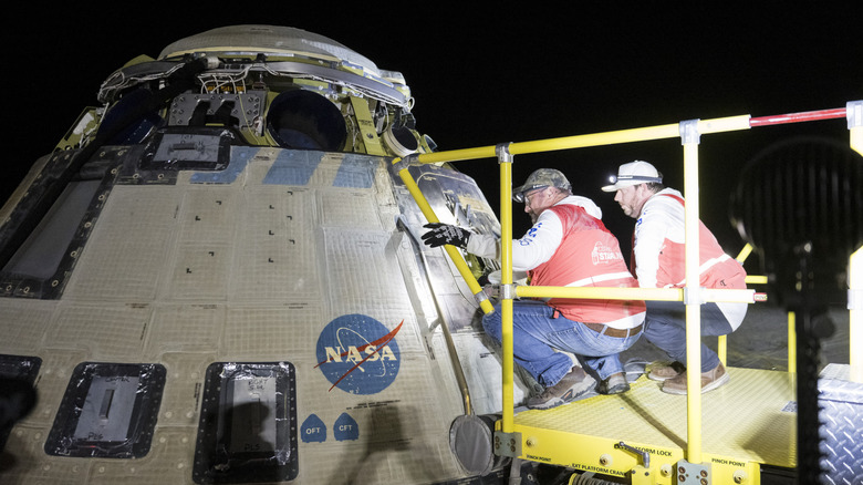 Boeing's Starliner spacecraft on the ground during an inspection.