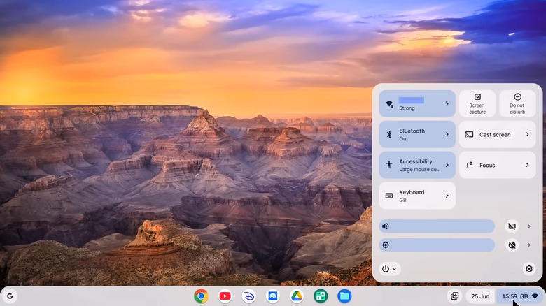 ChromeOS Flex desktop, with quick settings displayed.