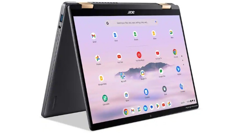 A product render of the Acer Chromebook Plus Spin 714 laptop in tent mode against a white background.