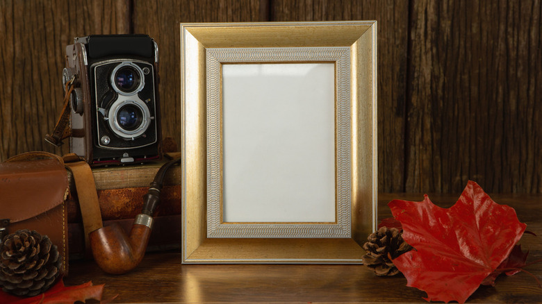Empty photo frame next to a retro camera and some autumn decor.