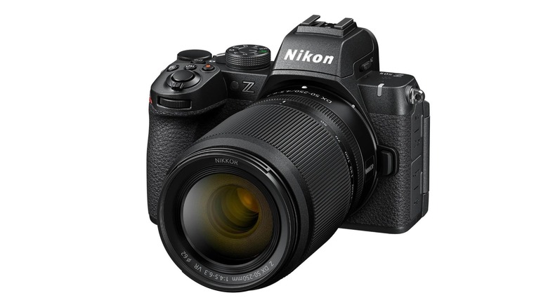 Nikon Z mirrorless camera with a zoom lens shown on a white background.