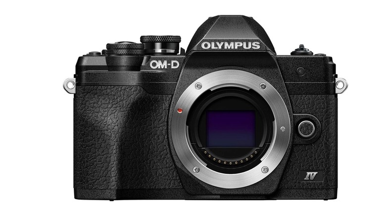 Olympus OM-D mirrorless camera body shown from the front without a lens.