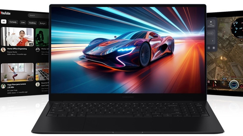 The Samsung Galaxy Chromebook Plus displaying a sports car