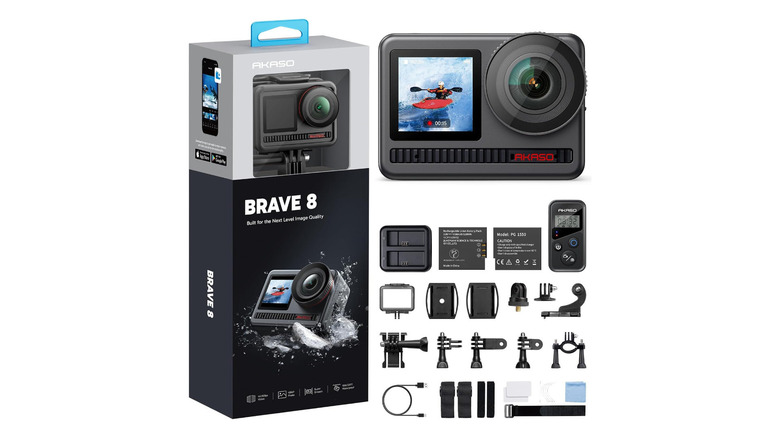 The Akaso Brave 8 and accessories against a white background