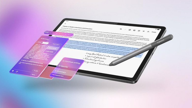 Graphic showing the Lenovo Idea Tab 11 screen displaying typed and handwritten notes, the Lenovo pen and an AI summary sit over some of the text