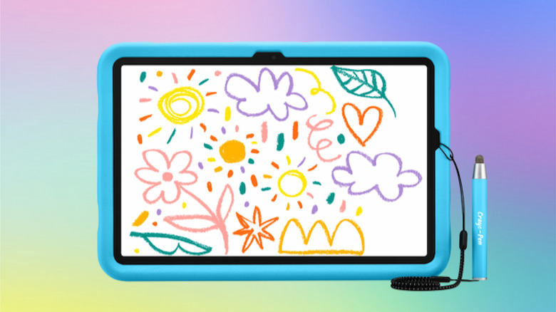 the Samsung Galaxy Tab A11+Kids Edition displaying a child's digital drawing, the tablet sits on a colorful background