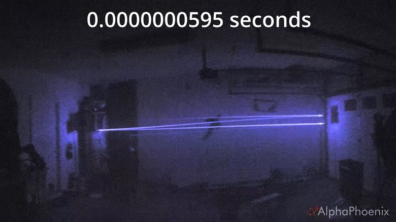 Screen capture of AlphaPheonix video showing laser light moving through space.
