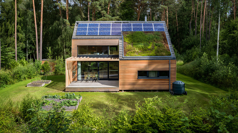 Eco-friendly home with solar panels installed in the woods.