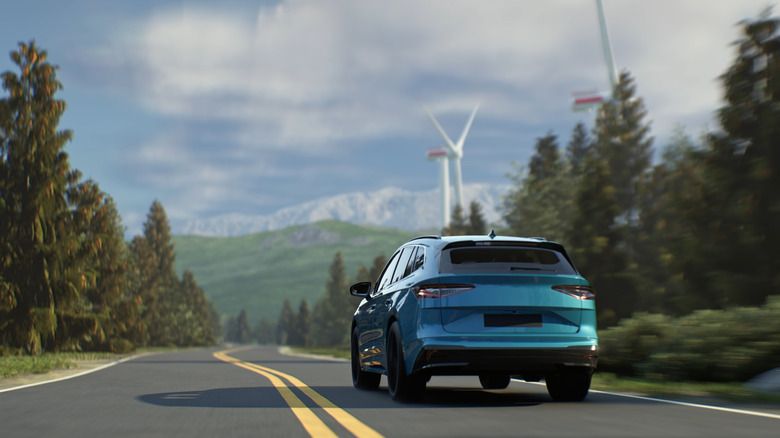 A 3D rendering of a car driving on the road.