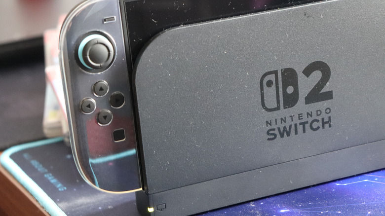 Close-up of a Nintendo Switch 2 console docked in its charging station