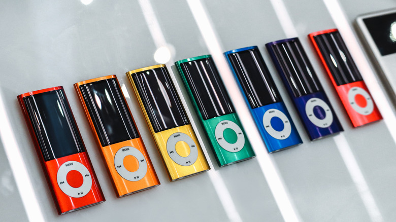 A row of colorful vintage iPods at the Science Museum in London