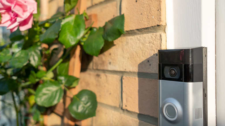 A Ring video doorbell mounted vertically to an exterior door frame.