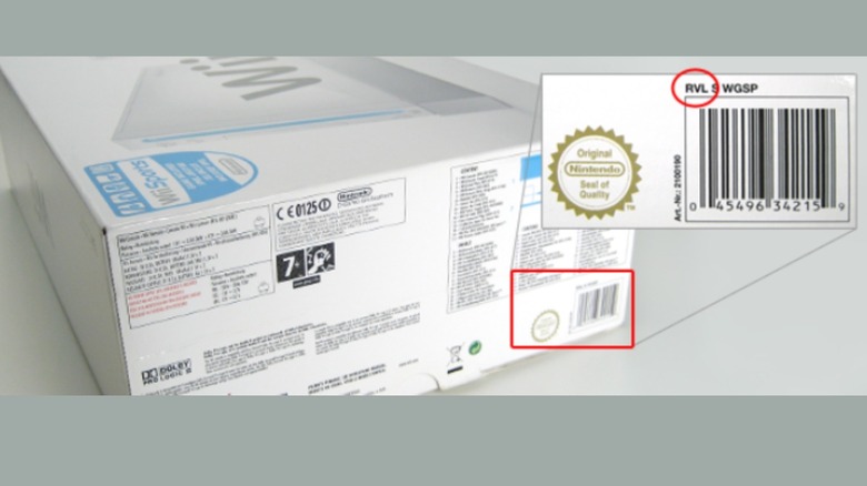 A Nintendo Wii box showing a zoomed in image of the model number