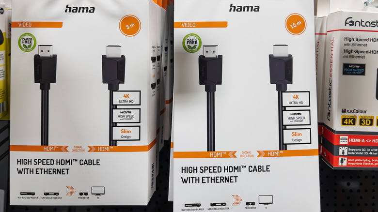 High speed HDMI cables on display in a store.
