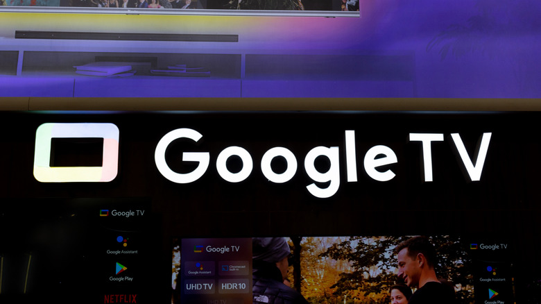 The Google TV logo appearing brightly above a Google TV displaying its home screen while being below a box for a Google TV