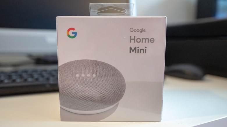 Google Home Mini speaker in a box