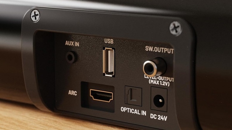 The back of the Majority Naga 80 soundbar showing the different port options
