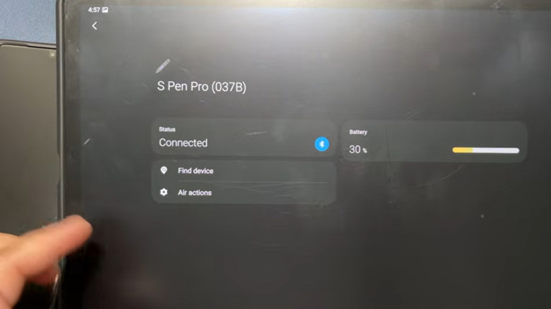 A Samsung Galaxy tablet showing a connected S Pen Pro and the "Find device" option