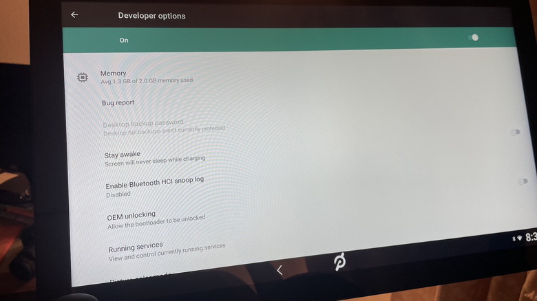 The display on the Peloton bike showing developer options