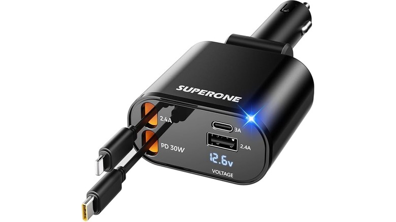 An Amazon photo of the Superone Retractable Car Charger, showcasing its four-in-one charging options