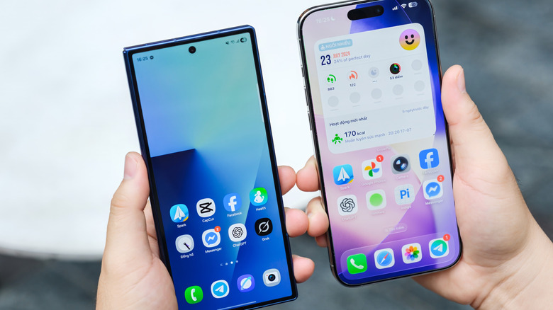 Samsung and iPhone Galaxy phones next to each other.