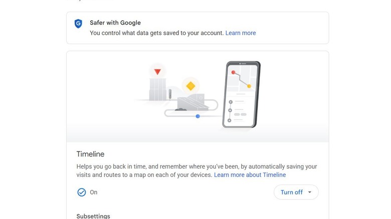 Google Timeline and location tracking settings in account management.