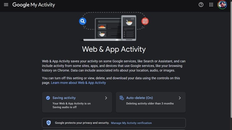 Google My Activity Web & App Activity page to manage saved data.